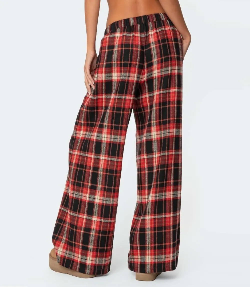 Women Y2k Plaid Wide Leg Pants Drawstring High Waisted Baggy Trousers Vintage Gingham Lounge Pants Streetwear