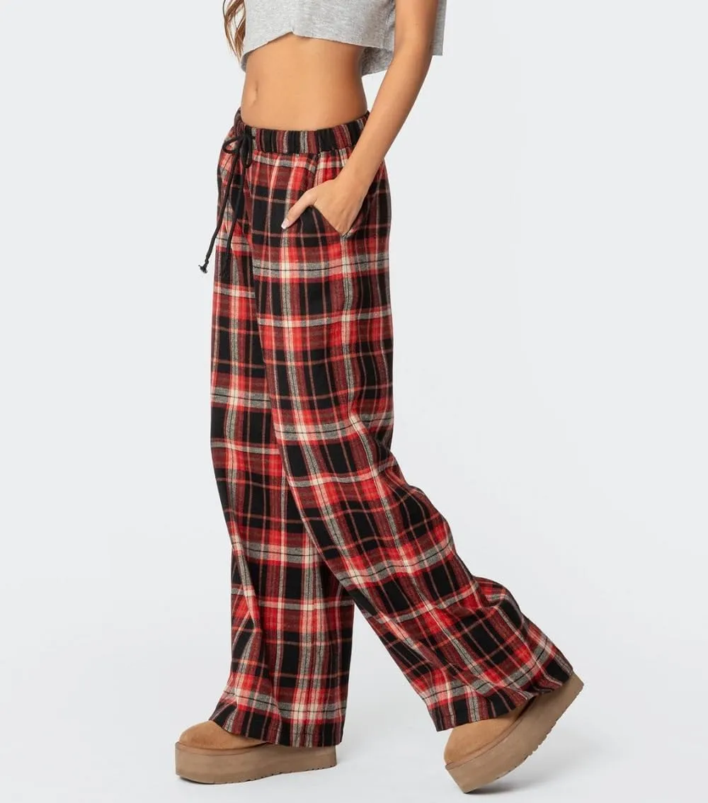 Women Y2k Plaid Wide Leg Pants Drawstring High Waisted Baggy Trousers Vintage Gingham Lounge Pants Streetwear