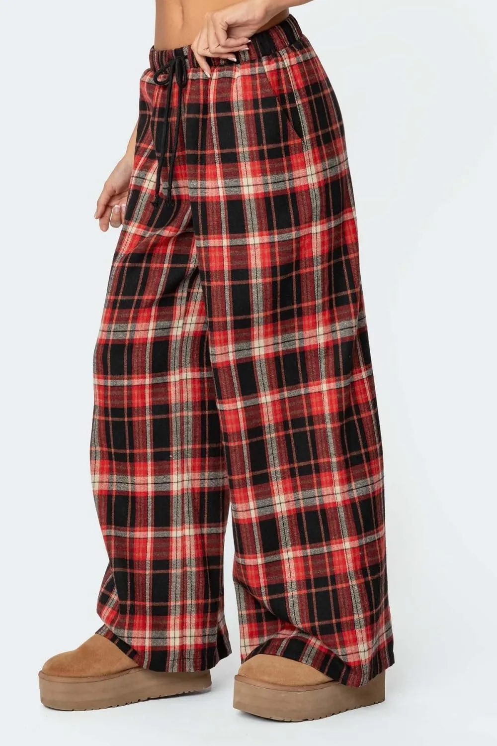 Women Y2k Plaid Wide Leg Pants Drawstring High Waisted Baggy Trousers Vintage Gingham Lounge Pants Streetwear
