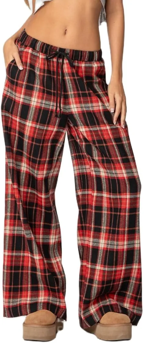 Women Y2k Plaid Wide Leg Pants Drawstring High Waisted Baggy Trousers Vintage Gingham Lounge Pants Streetwear