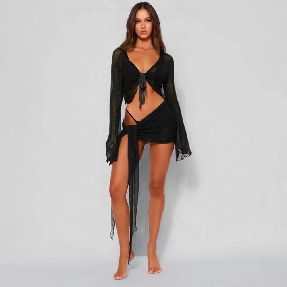 Women's 2 Pieces Outfits Mesh Perspective Suit Swimming Beach Long Sleeve Crop Top and Mini Skirt Set