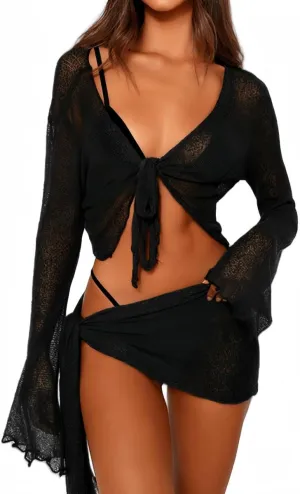 Women's 2 Pieces Outfits Mesh Perspective Suit Swimming Beach Long Sleeve Crop Top and Mini Skirt Set