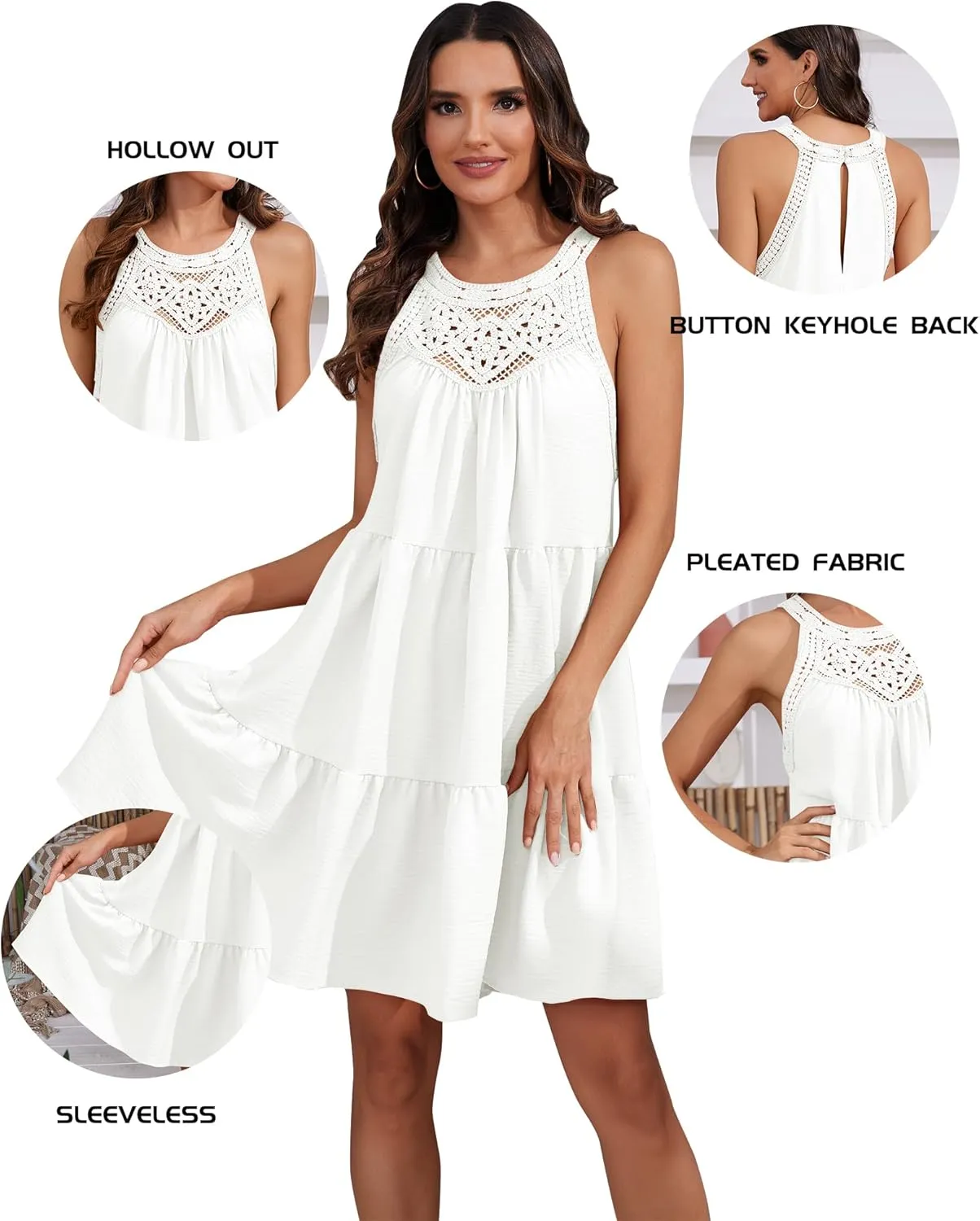 Women's 2024 Summer Sleeveless Halter Dresses Hollow Out A Line Tiered Sundresses Vacation Mini Dress