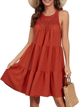 Women's 2024 Summer Sleeveless Halter Dresses Hollow Out A Line Tiered Sundresses Vacation Mini Dress