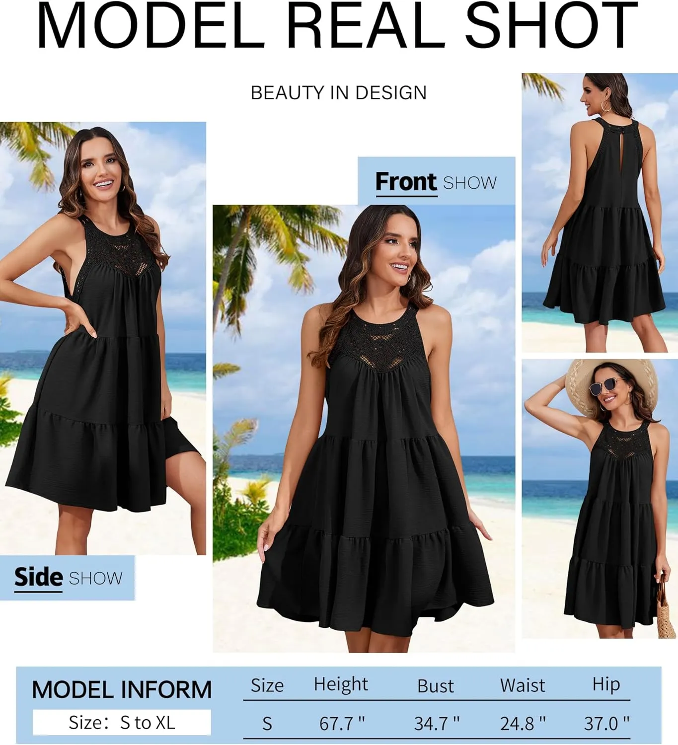 Women's 2024 Summer Sleeveless Halter Dresses Hollow Out A Line Tiered Sundresses Vacation Mini Dress