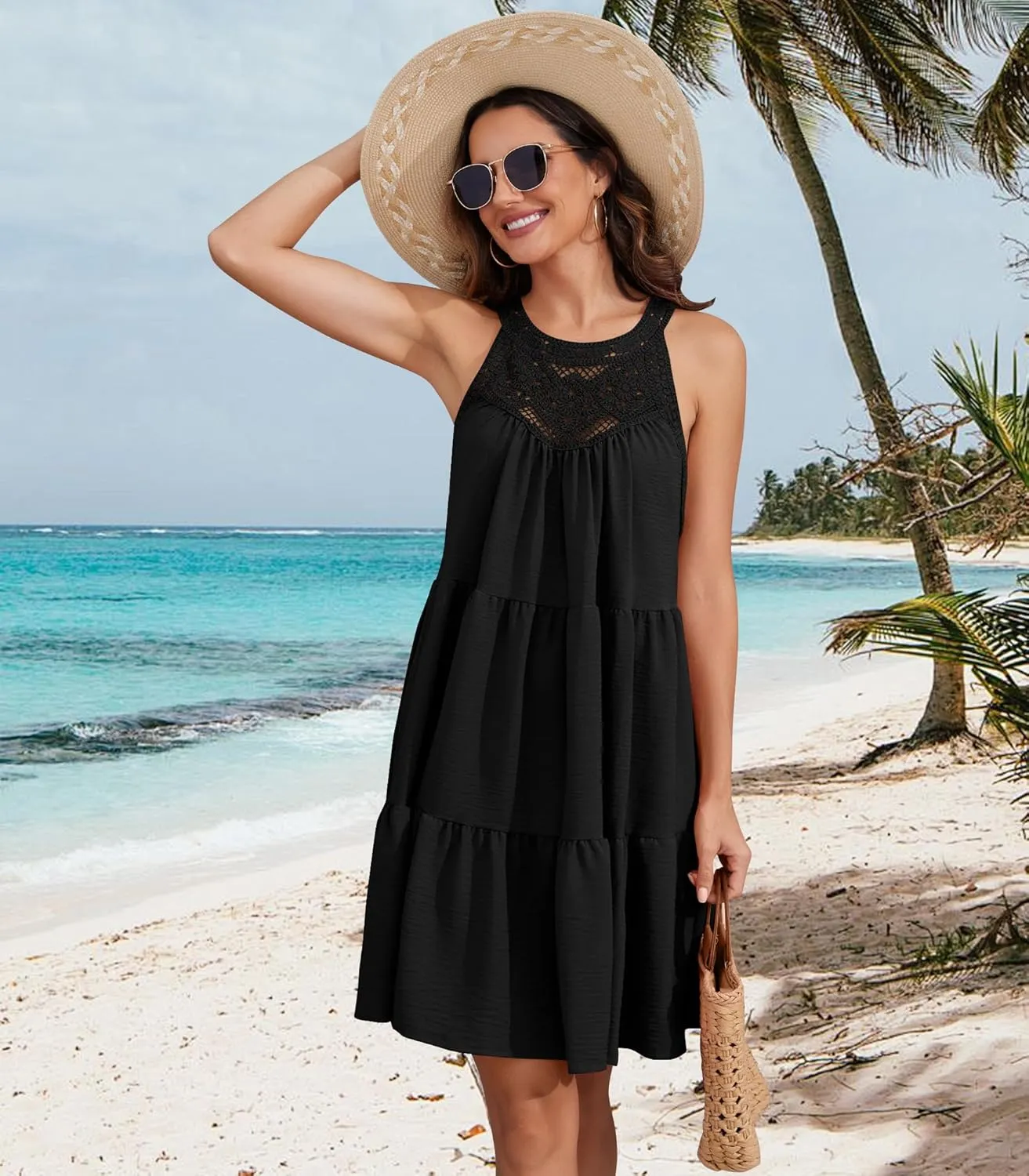 Women's 2024 Summer Sleeveless Halter Dresses Hollow Out A Line Tiered Sundresses Vacation Mini Dress