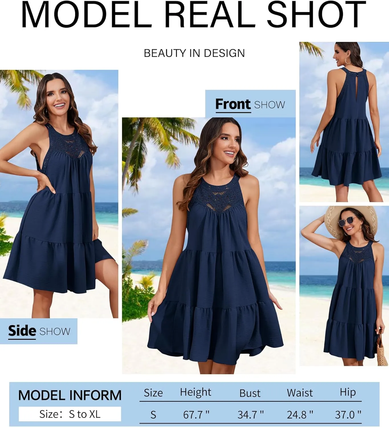 Women's 2024 Summer Sleeveless Halter Dresses Hollow Out A Line Tiered Sundresses Vacation Mini Dress
