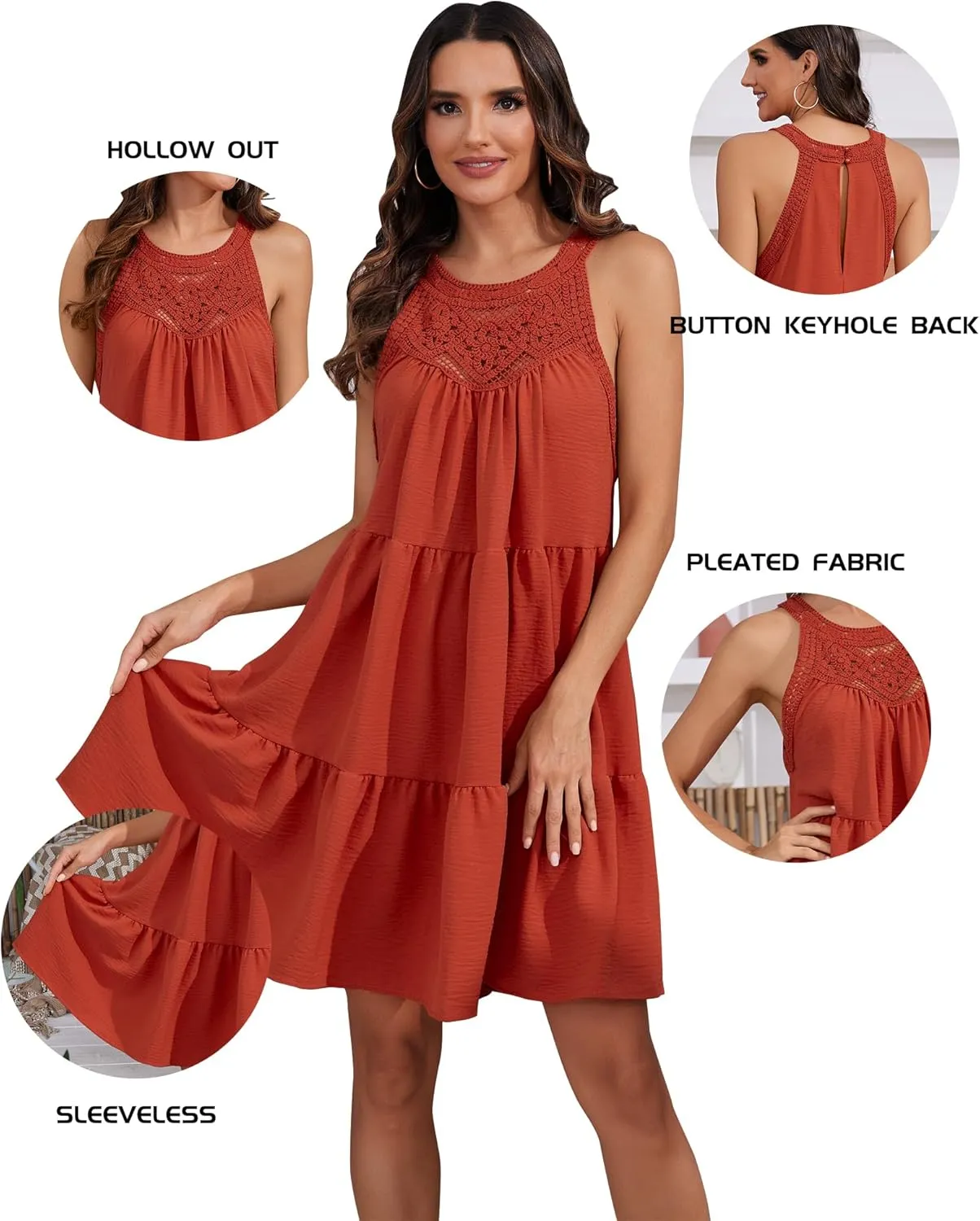 Women's 2024 Summer Sleeveless Halter Dresses Hollow Out A Line Tiered Sundresses Vacation Mini Dress