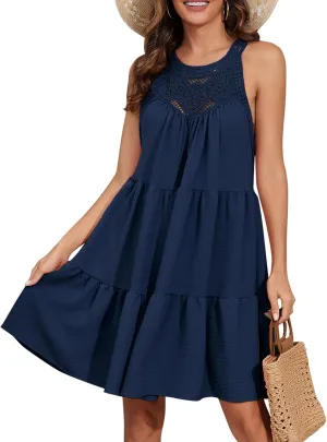 Women's 2024 Summer Sleeveless Halter Dresses Hollow Out A Line Tiered Sundresses Vacation Mini Dress