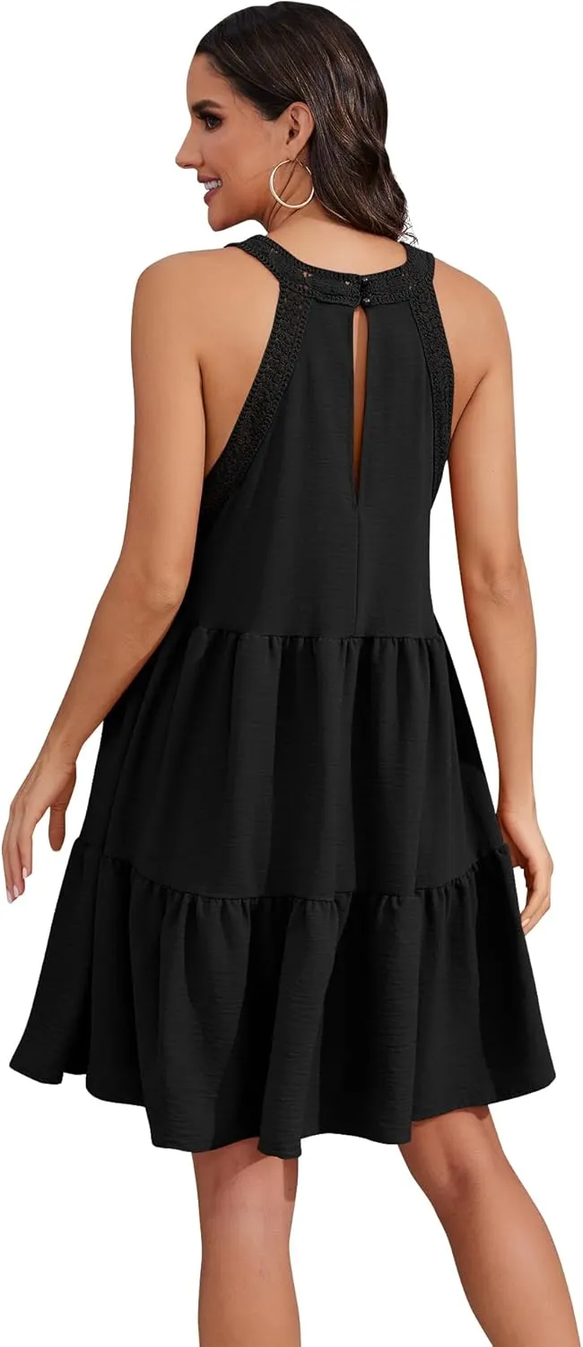 Women's 2024 Summer Sleeveless Halter Dresses Hollow Out A Line Tiered Sundresses Vacation Mini Dress