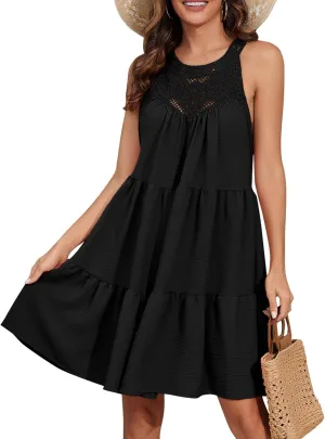 Women's 2024 Summer Sleeveless Halter Dresses Hollow Out A Line Tiered Sundresses Vacation Mini Dress