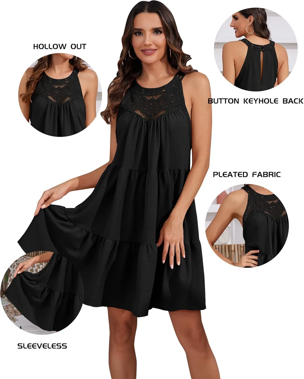 Women's 2024 Summer Sleeveless Halter Dresses Hollow Out A Line Tiered Sundresses Vacation Mini Dress