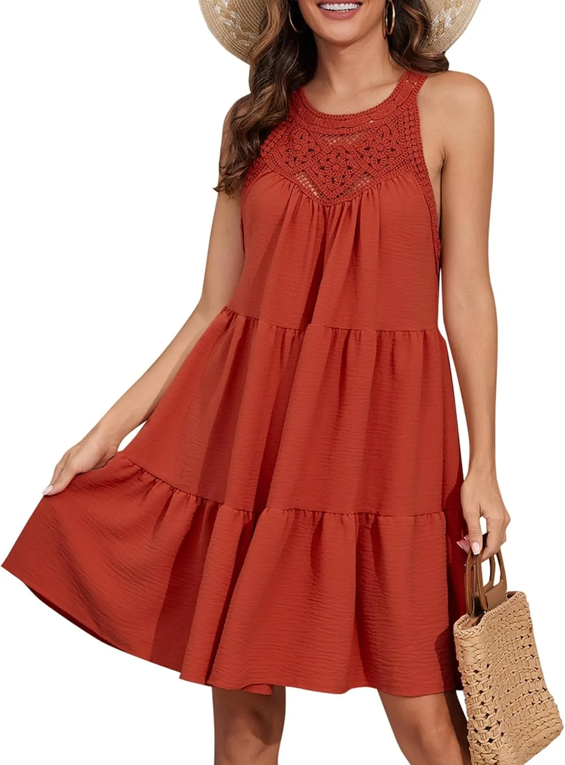 Women's 2024 Summer Sleeveless Halter Dresses Hollow Out A Line Tiered Sundresses Vacation Mini Dress