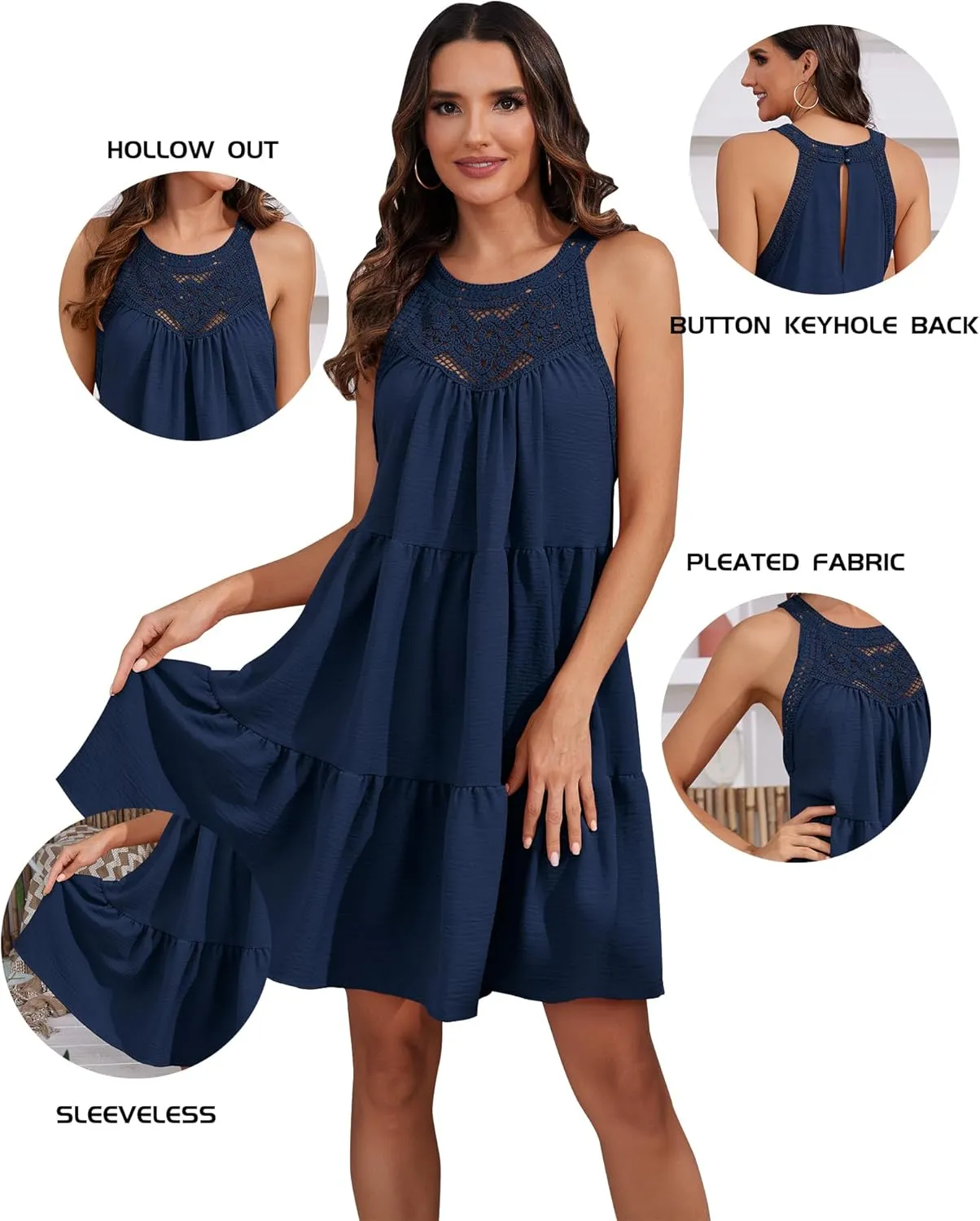 Women's 2024 Summer Sleeveless Halter Dresses Hollow Out A Line Tiered Sundresses Vacation Mini Dress