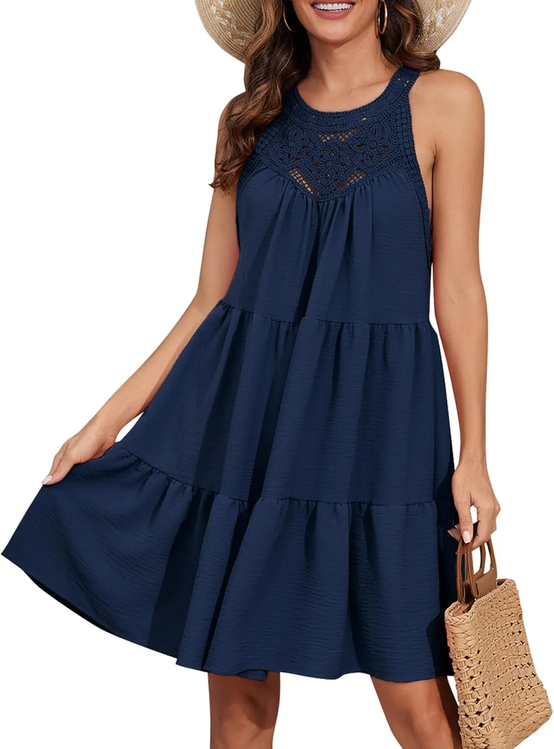 Women's 2024 Summer Sleeveless Halter Dresses Hollow Out A Line Tiered Sundresses Vacation Mini Dress