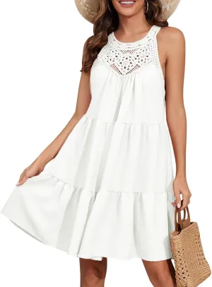 Women's 2024 Summer Sleeveless Halter Dresses Hollow Out A Line Tiered Sundresses Vacation Mini Dress