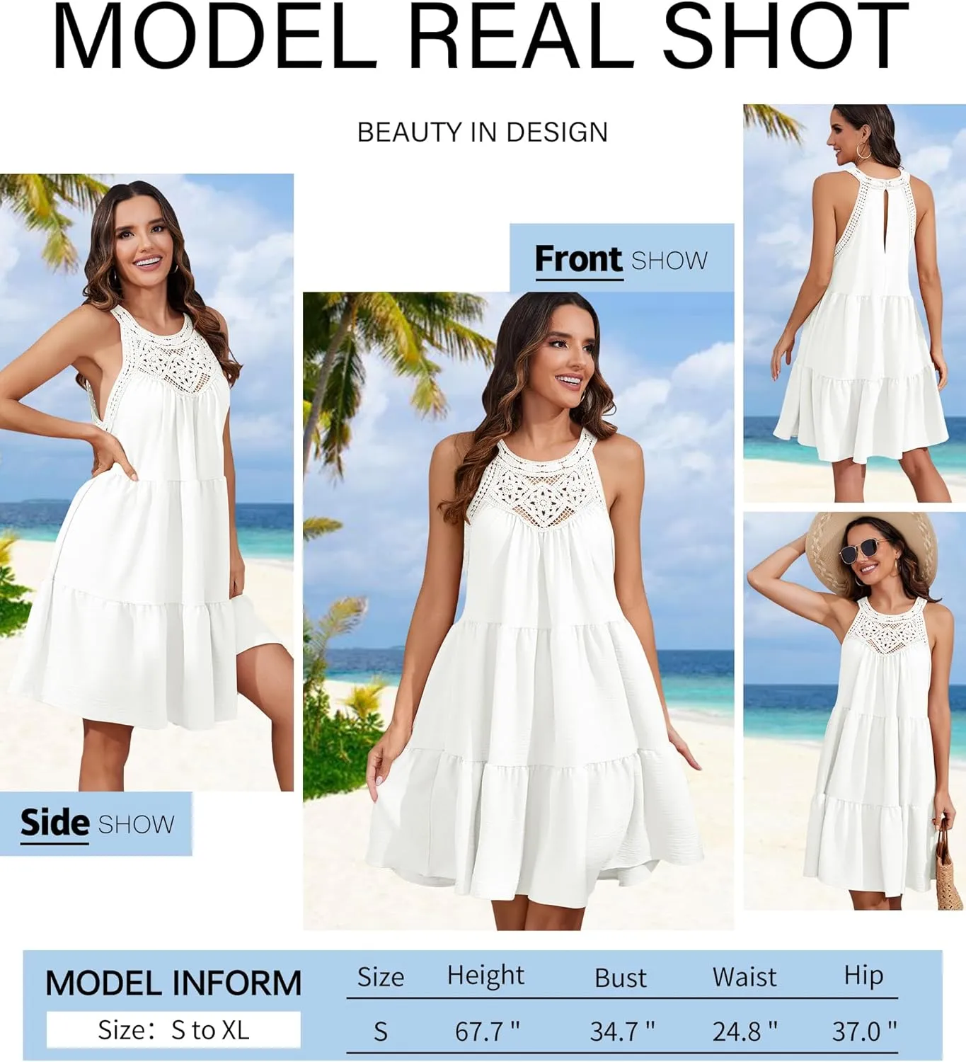 Women's 2024 Summer Sleeveless Halter Dresses Hollow Out A Line Tiered Sundresses Vacation Mini Dress