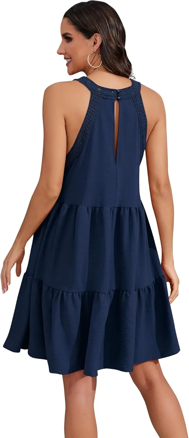 Women's 2024 Summer Sleeveless Halter Dresses Hollow Out A Line Tiered Sundresses Vacation Mini Dress