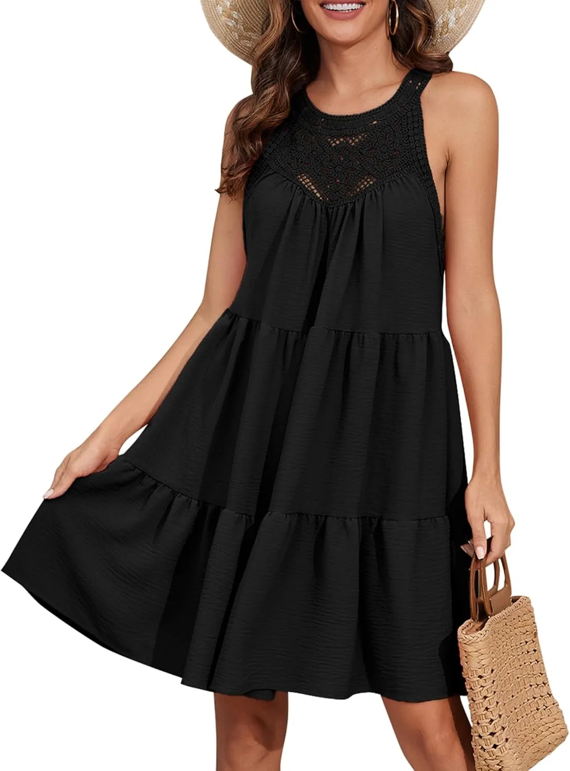 Women's 2024 Summer Sleeveless Halter Dresses Hollow Out A Line Tiered Sundresses Vacation Mini Dress
