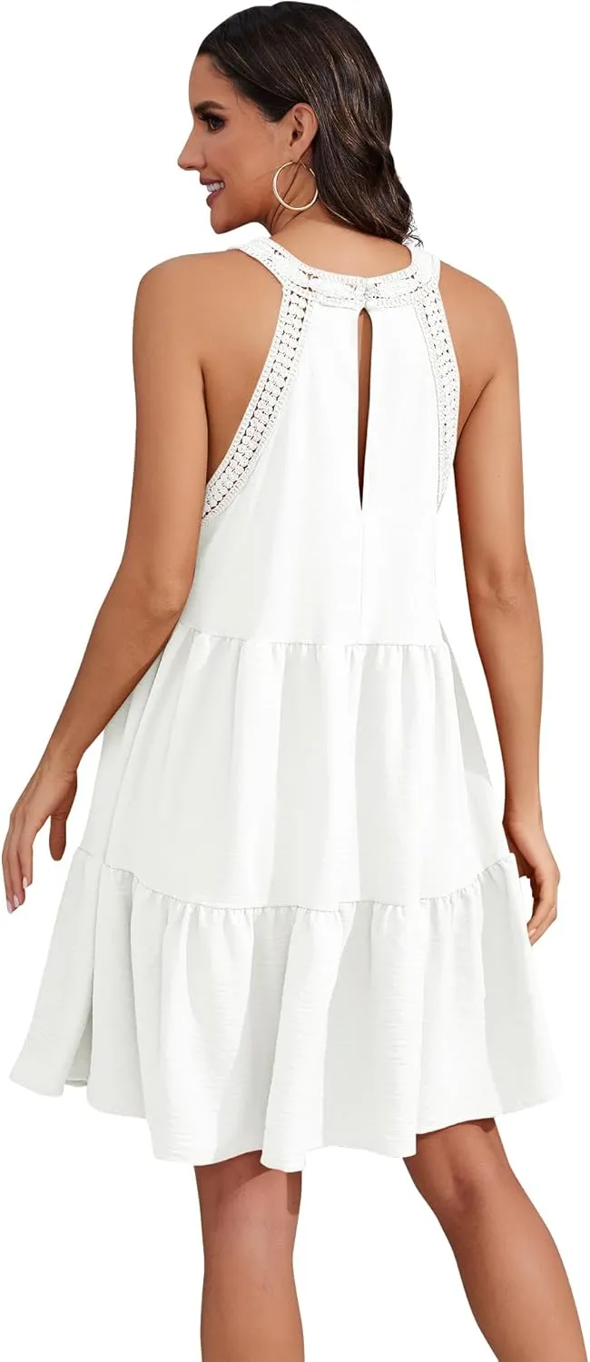 Women's 2024 Summer Sleeveless Halter Dresses Hollow Out A Line Tiered Sundresses Vacation Mini Dress