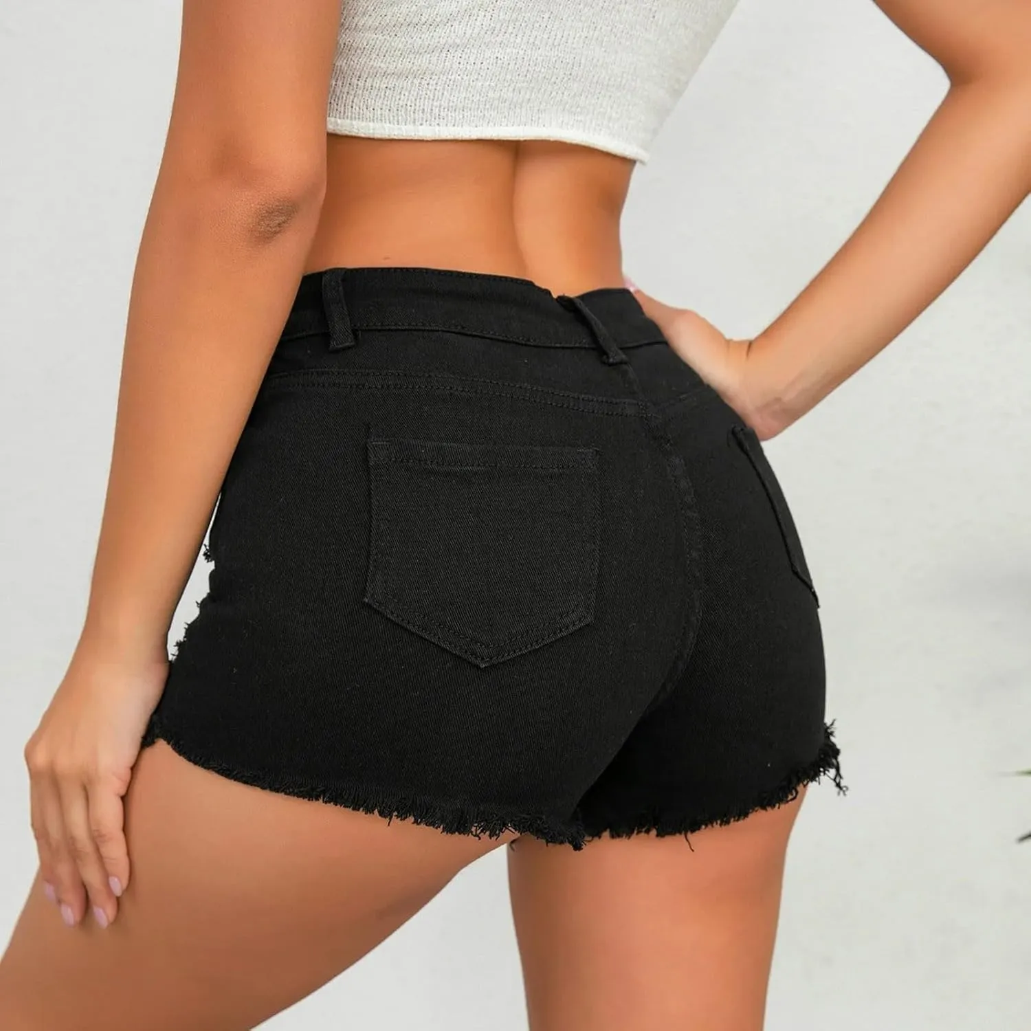Women's Denim Shorts Mid Rise Ripped Distressed Jean Shorts Cut Off Stretchy Jeans Frayed Raw Hem Casual Short Pants