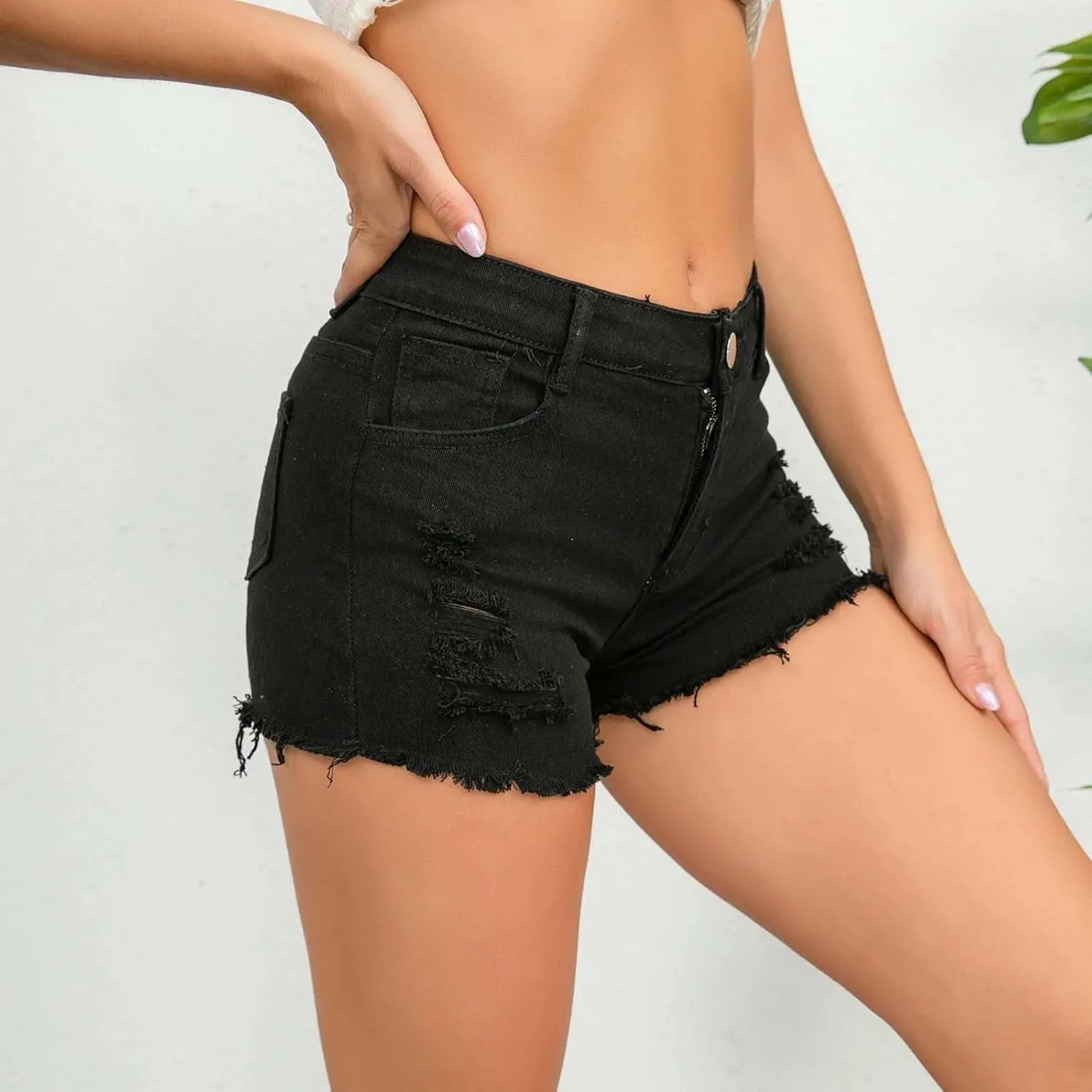 Women's Denim Shorts Mid Rise Ripped Distressed Jean Shorts Cut Off Stretchy Jeans Frayed Raw Hem Casual Short Pants
