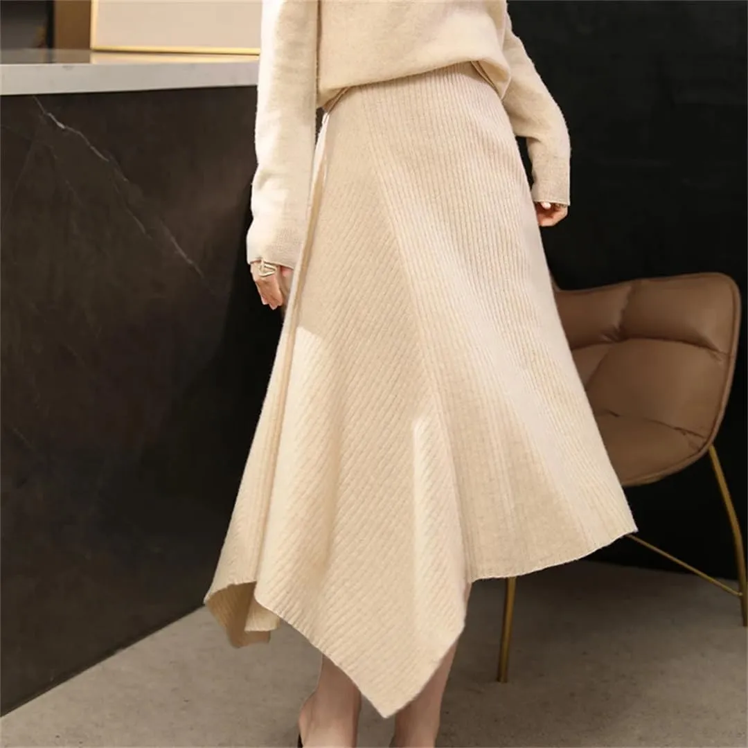 WomenS Merino Wool Asymmetrical Knee-Length Skirt Loose Fit Natural Waist One Piece Long Skirt