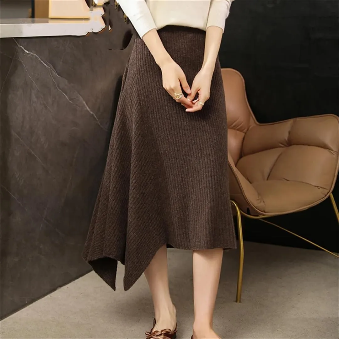 WomenS Merino Wool Asymmetrical Knee-Length Skirt Loose Fit Natural Waist One Piece Long Skirt