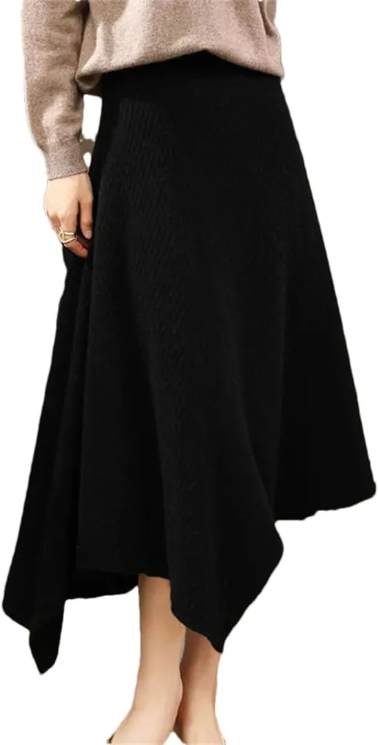 WomenS Merino Wool Asymmetrical Knee-Length Skirt Loose Fit Natural Waist One Piece Long Skirt