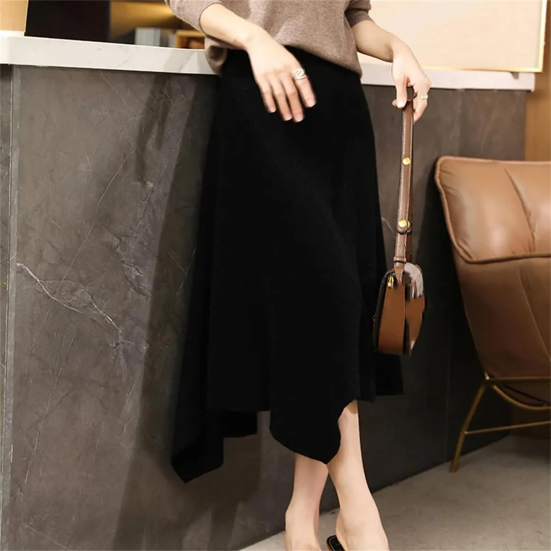 WomenS Merino Wool Asymmetrical Knee-Length Skirt Loose Fit Natural Waist One Piece Long Skirt