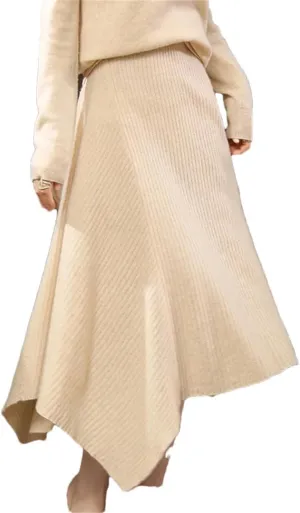WomenS Merino Wool Asymmetrical Knee-Length Skirt Loose Fit Natural Waist One Piece Long Skirt