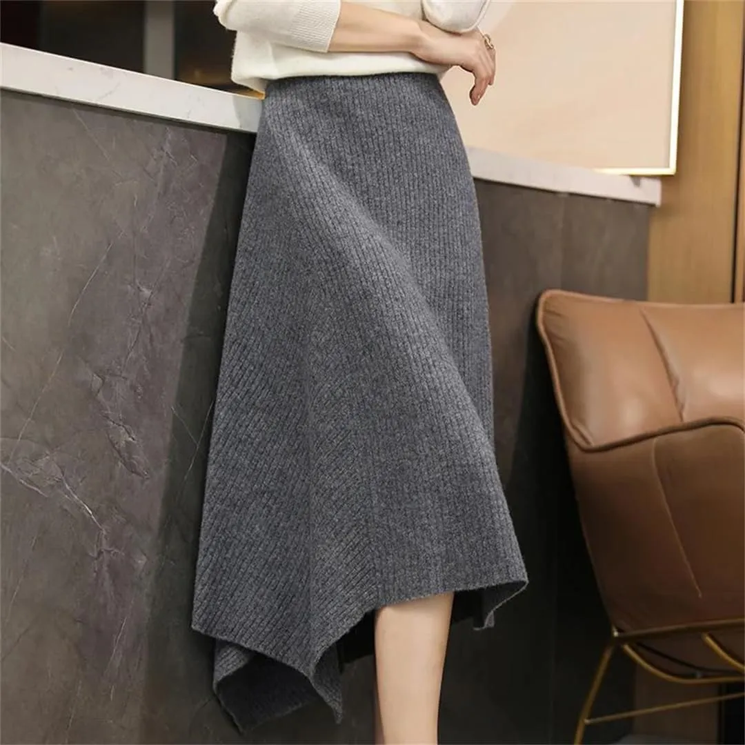 WomenS Merino Wool Asymmetrical Knee-Length Skirt Loose Fit Natural Waist One Piece Long Skirt