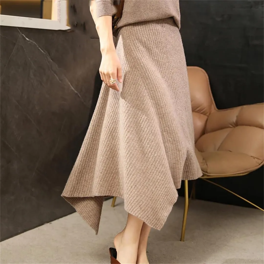 WomenS Merino Wool Asymmetrical Knee-Length Skirt Loose Fit Natural Waist One Piece Long Skirt