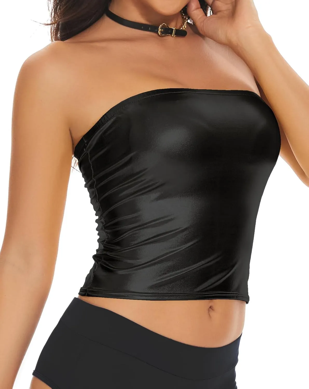 Women's Metallic Crop Tube Top Shiny Strapless Bandeau Bra for Dancing, Raves, Festivals, Costumes