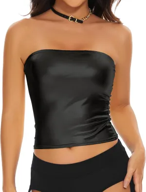 Women's Metallic Crop Tube Top Shiny Strapless Bandeau Bra for Dancing, Raves, Festivals, Costumes