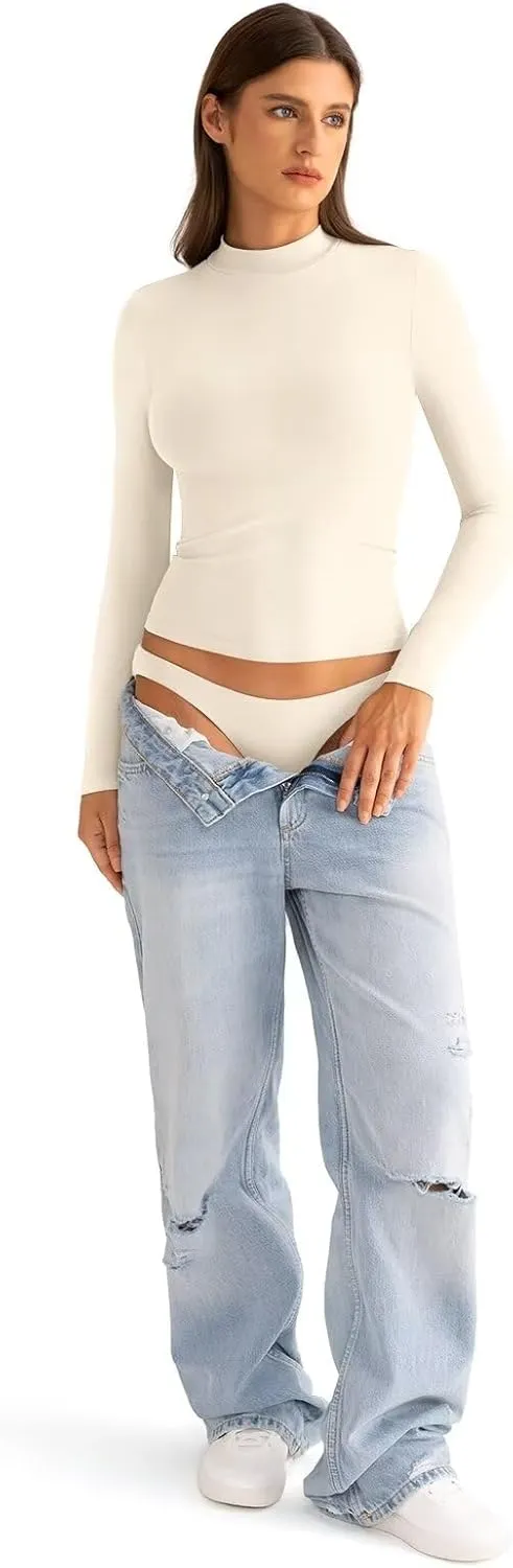 Womens Mock Neck Long Sleeve T Shirts Seamless Tops Turtleneck Slim Fitted Fall Winter Top Basic Clothes 2025