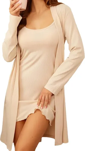 Women's Rib Knit Nightgown with Robe Set 2 Pcs Sexy Slip Dress Long Sleeves Lounge Sets