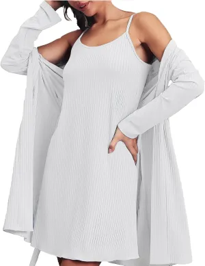 Women's Rib Knit Nightgown with Robe Set 2 Pcs Sexy Slip Dress Long Sleeves Lounge Sets