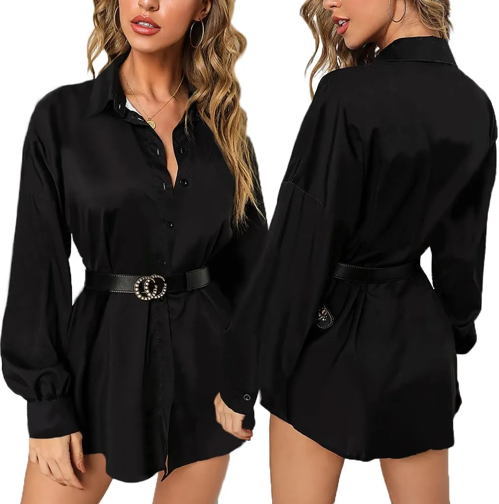 Women's Shirt Dresses Button Down Colorful Blouses Long Sleeve Floral Print Tops Loose Collar Sexy T-Shirts