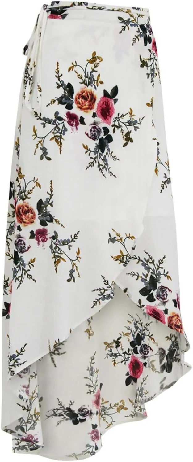 Womens Slit Skirt Floral Boho Long Skirts Tie Up Waist Summer Beach Wrap Cover Up Maxi Skirt Sexy Holiday Party Dresses