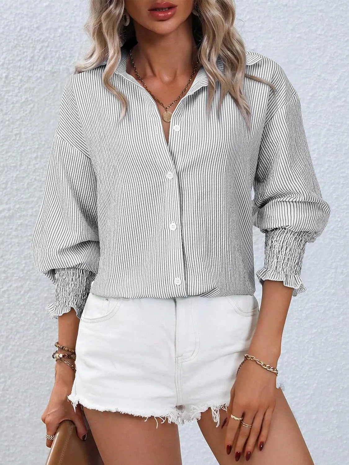 Women's Striped Button Down Shirts Long Sleeve Smocked Cuffed Oversized Boyfriend Blouses Collared Work No Pockets Tops