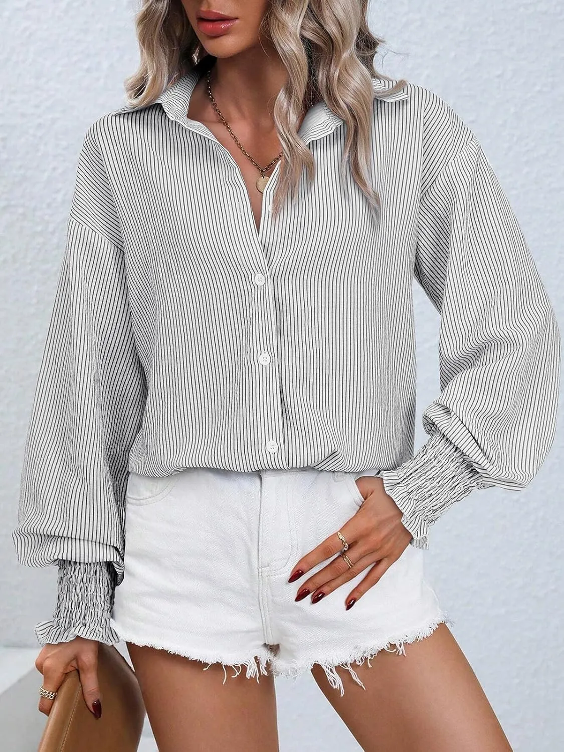 Women's Striped Button Down Shirts Long Sleeve Smocked Cuffed Oversized Boyfriend Blouses Collared Work No Pockets Tops