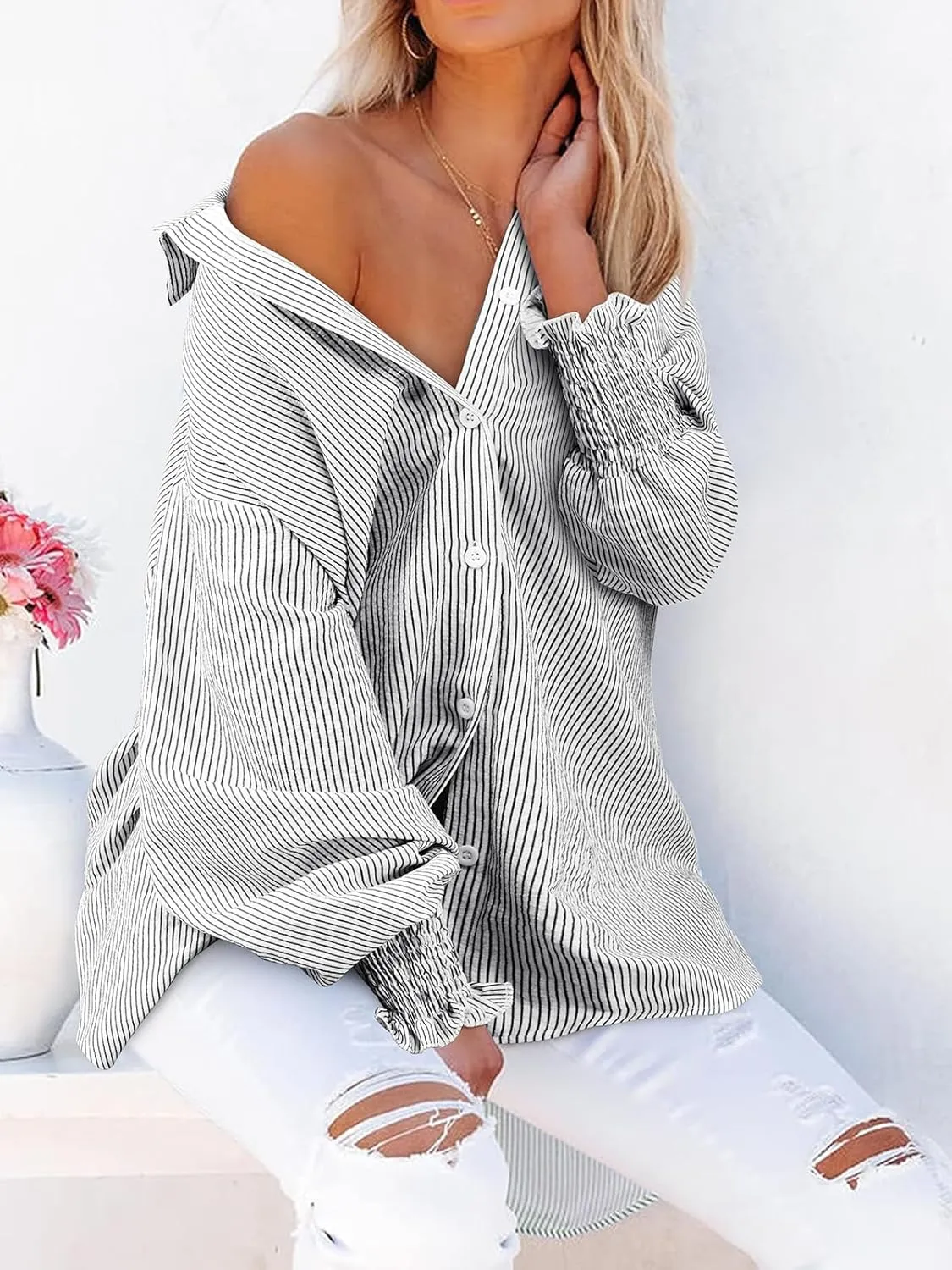 Women's Striped Button Down Shirts Long Sleeve Smocked Cuffed Oversized Boyfriend Blouses Collared Work No Pockets Tops