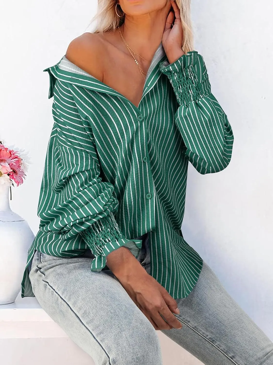 Women's Striped Button Down Shirts Long Sleeve Smocked Cuffed Oversized Boyfriend Blouses Collared Work No Pockets Tops