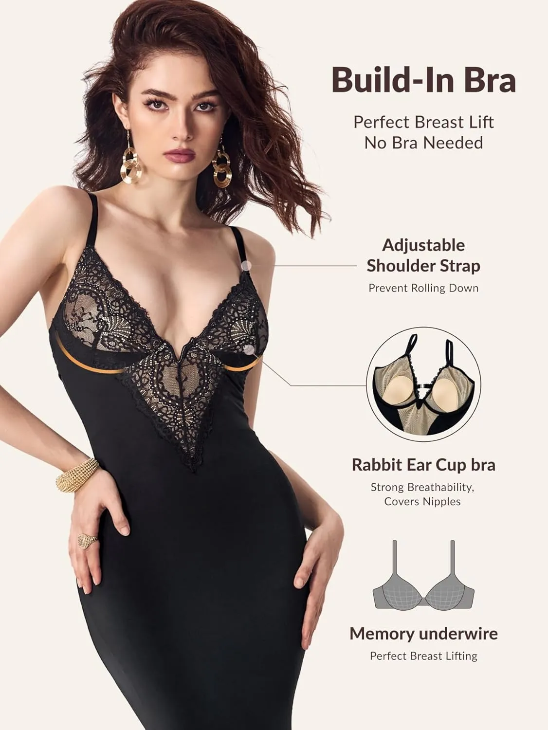 Women's Summer Built-in Bra and Shapewear Bodycon Sexy Maxi Dress with Lace Deep V-Neck and Spaghetti Straps