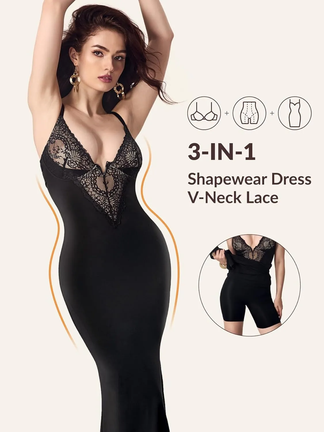 Women's Summer Built-in Bra and Shapewear Bodycon Sexy Maxi Dress with Lace Deep V-Neck and Spaghetti Straps
