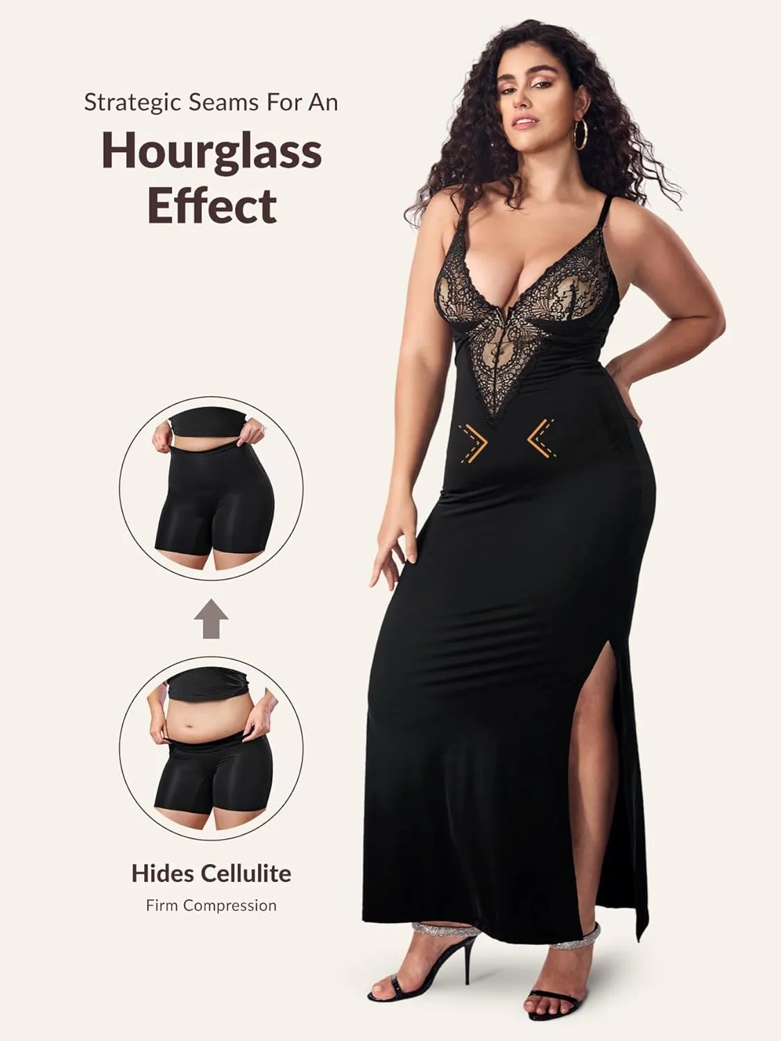 Women's Summer Built-in Bra and Shapewear Bodycon Sexy Maxi Dress with Lace Deep V-Neck and Spaghetti Straps
