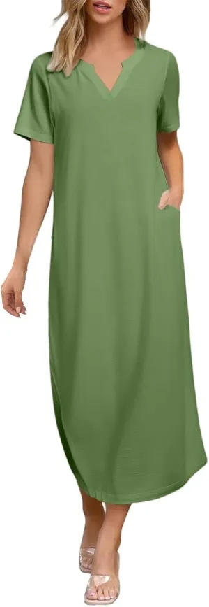 Women's Summer Casual Maxi Dress Short Sleeves V Neck Loose Split Long Beach Shirt Dresses Vacation with Pockets