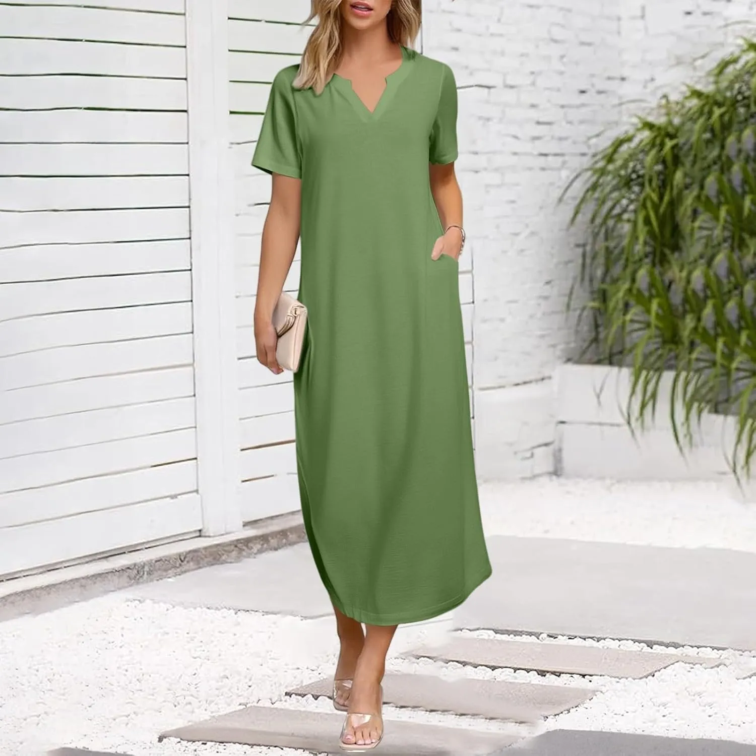 Women's Summer Casual Maxi Dress Short Sleeves V Neck Loose Split Long Beach Shirt Dresses Vacation with Pockets