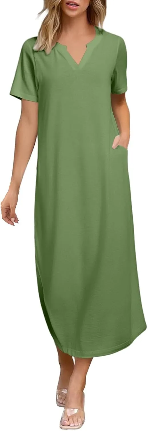 Women's Summer Casual Maxi Dress Short Sleeves V Neck Loose Split Long Beach Shirt Dresses Vacation with Pockets